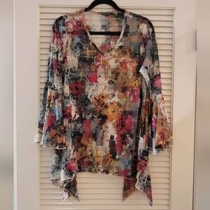 Dor Dor Couture - Colourful Mesh CoverUp Flare-Sleeve Top